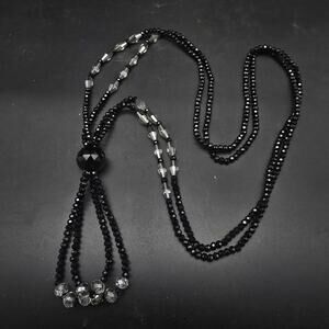 Black Clear Faceted Glass Beaded Necklace Long Looped Tassel